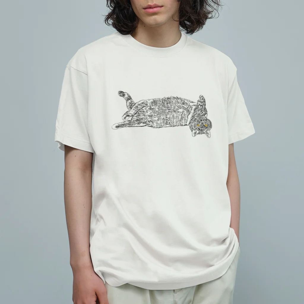 小鳥と映画館の逆さで横たわる猫ちゃん 線画 Organic Cotton T-Shirt