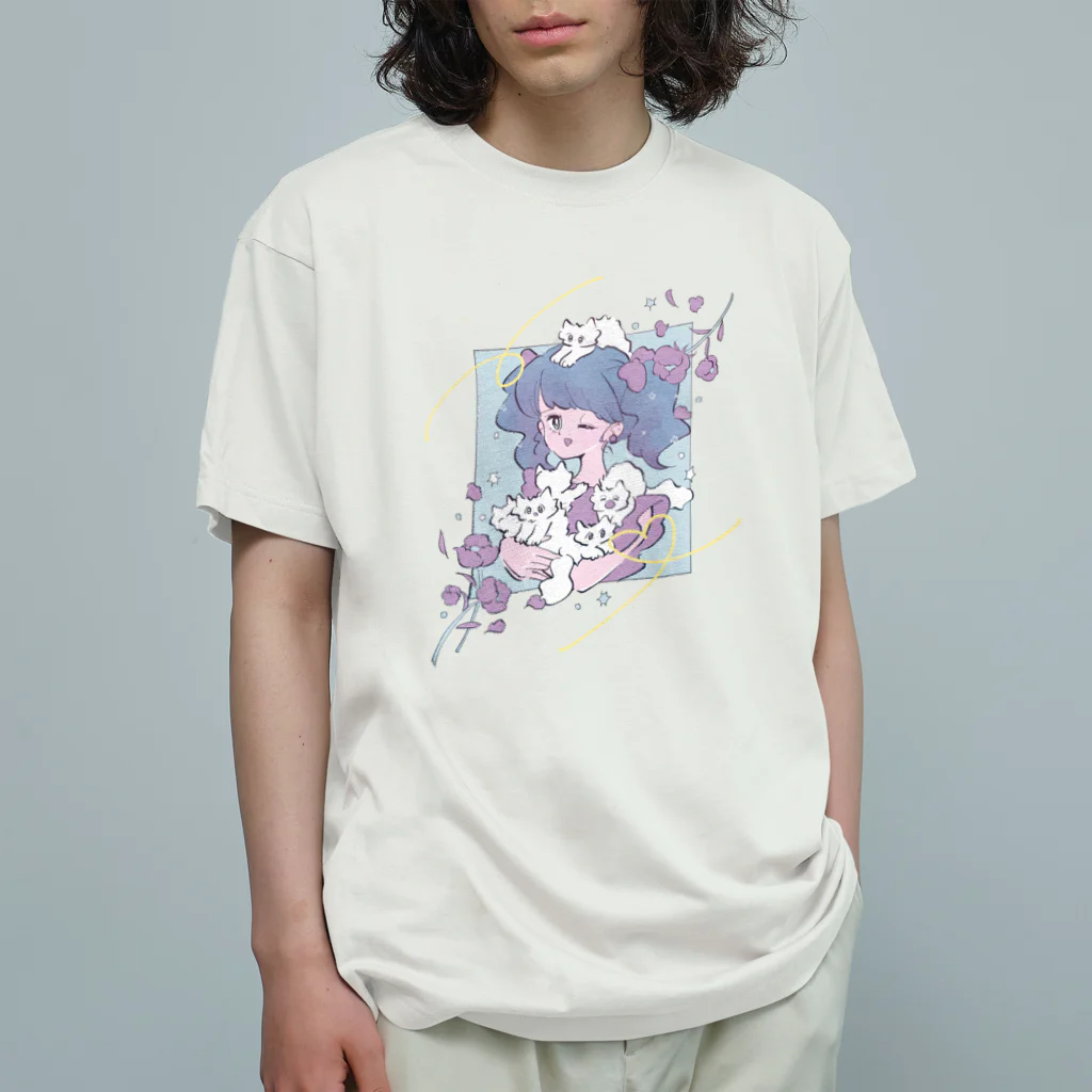 猫のあいさつのねこまみれ　ブルー Organic Cotton T-Shirt