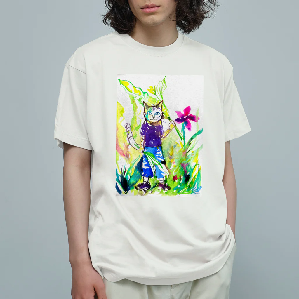 あおニャーマンの猫の少年 オーガニックコットンTシャツ