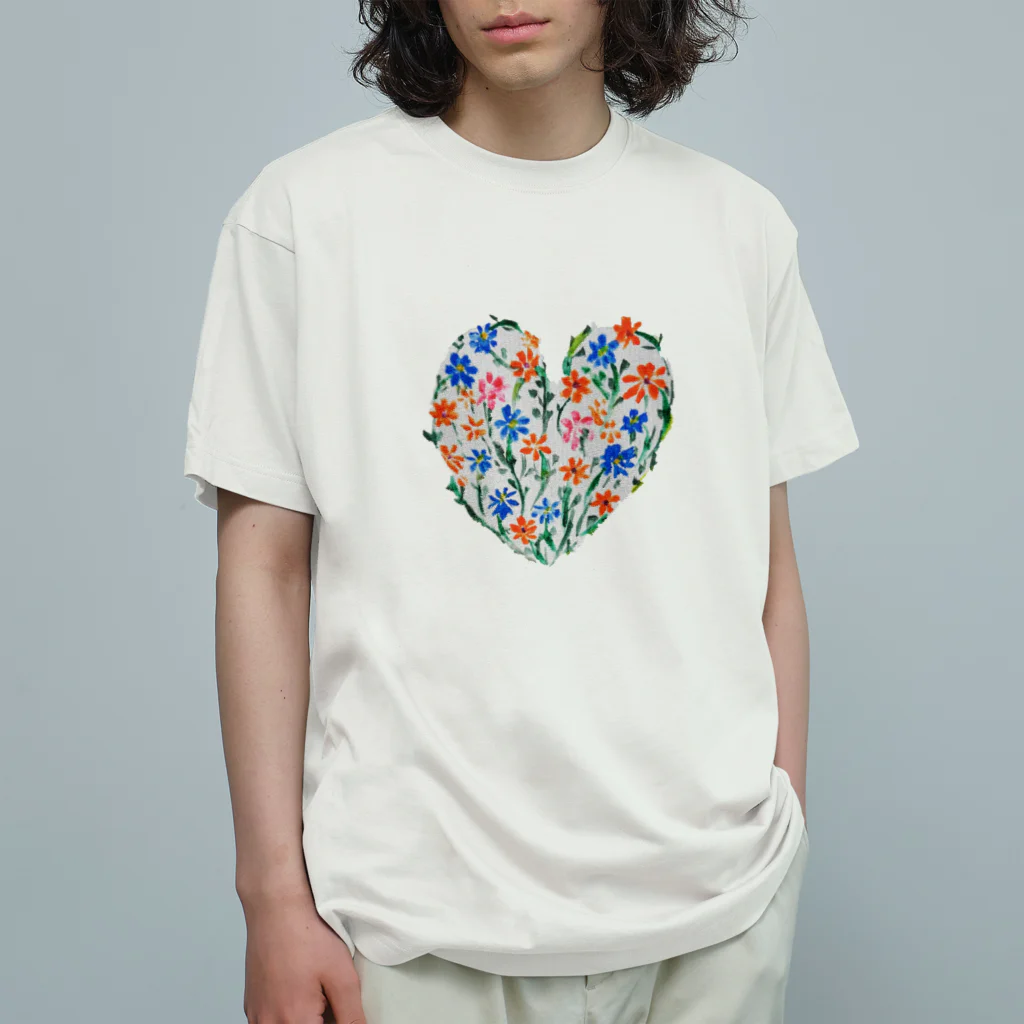 ぴーひゃら食べもの水彩画の花ハート水彩画♪ オーガニックコットンTシャツ