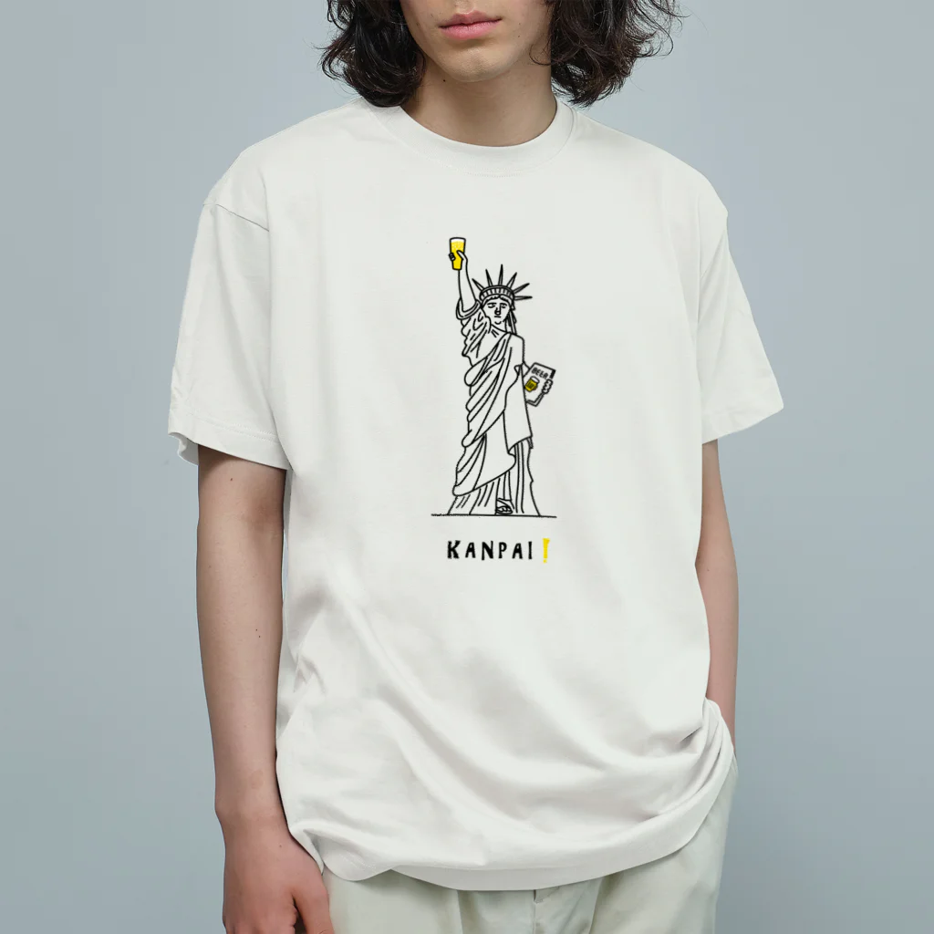 ビールとアート TM-3 Designの彫刻 × BEER（自由の女神）黒線画 オーガニックコットンTシャツ