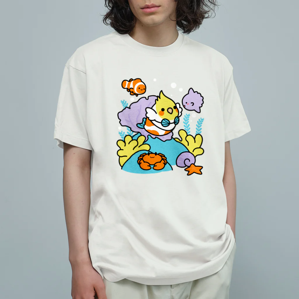 Cody the Lovebirdの（両面）オカメインコと海のお友達 & 南の島で夏休み Chubby Bird オーガニックコットンTシャツ