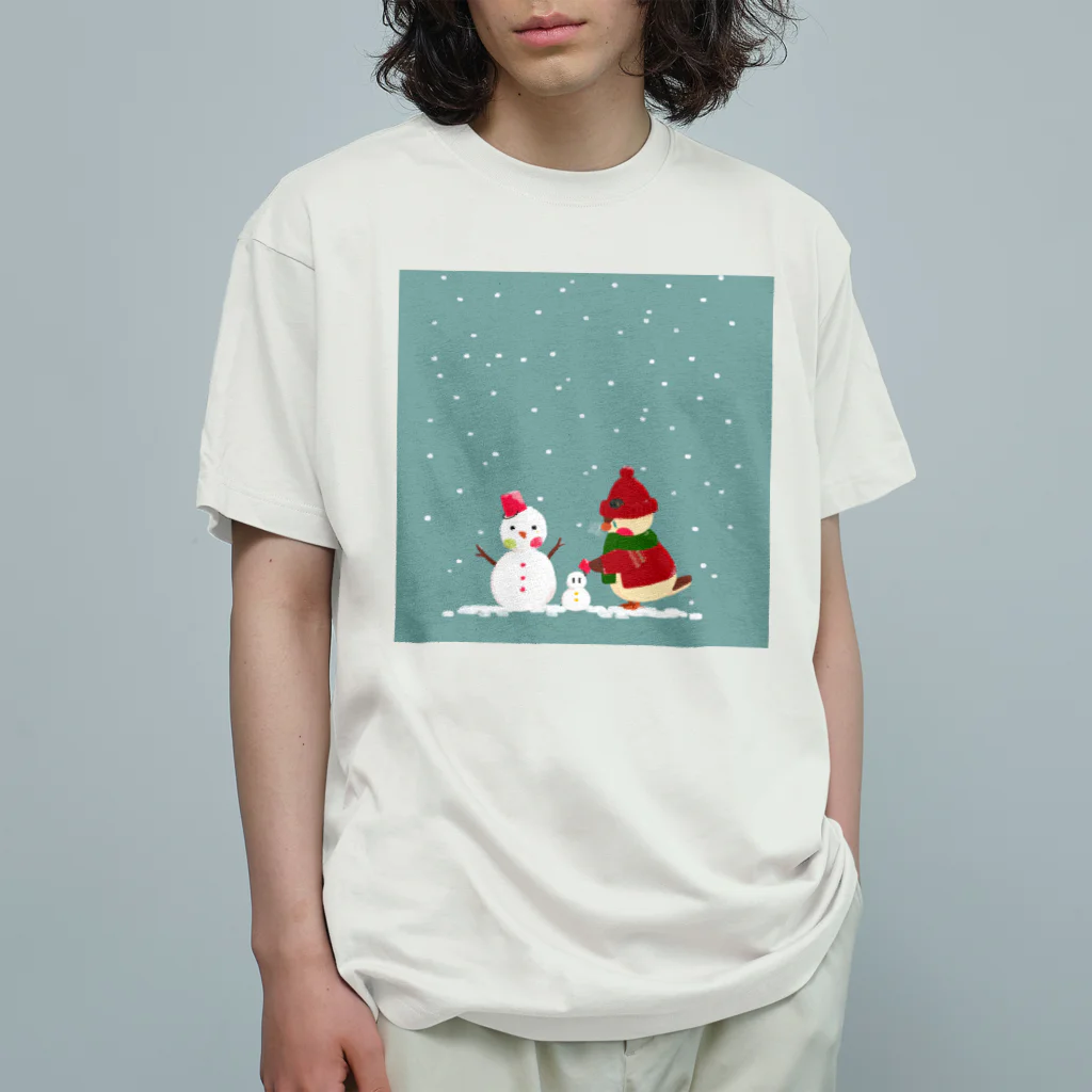 月見里 雀 -yamanashi suzume-の雪だるまと雀 オーガニックコットンTシャツ