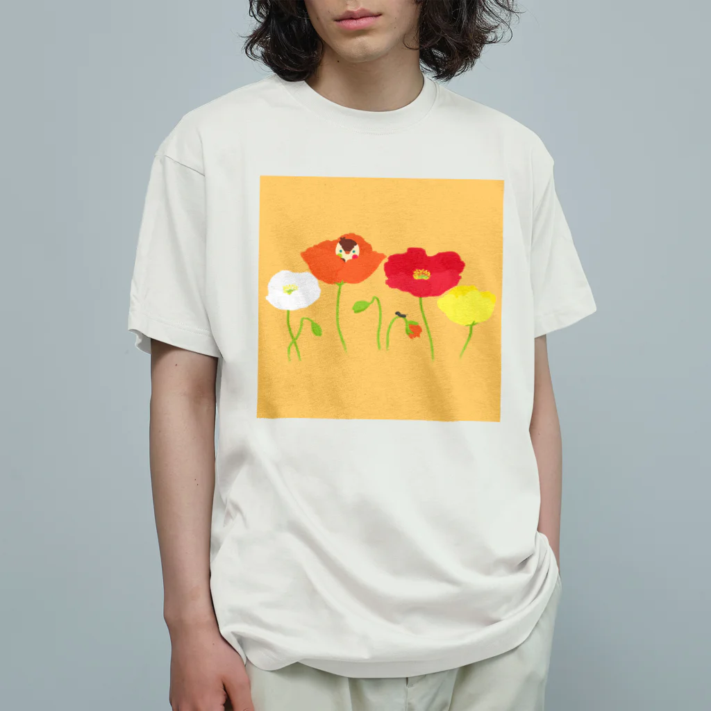 月見里 雀 -yamanashi suzume-のポピーと雀 Organic Cotton T-Shirt