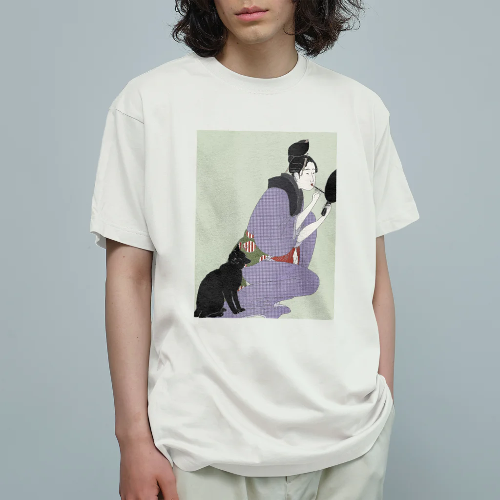 keeeeeep smilingの口紅を塗る女とスリスリする猫 Organic Cotton T-Shirt