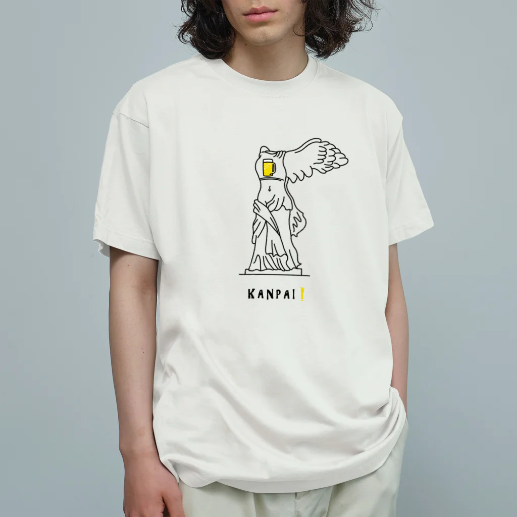 ビールとアート TM-3 Designの彫刻 × BEER（サモトラケのニケ）黒線画 Organic Cotton T-Shirt