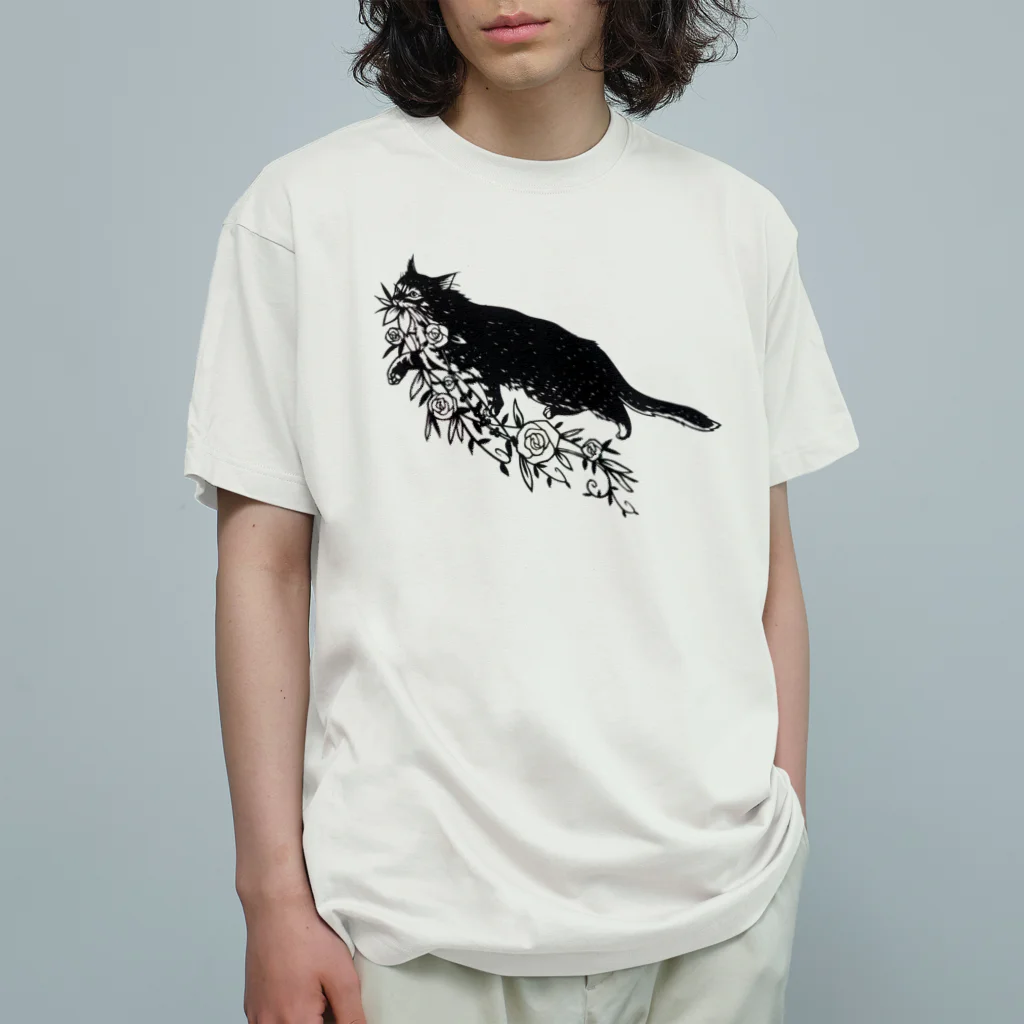 切り絵草太の花咥え猫 オーガニックコットンTシャツ