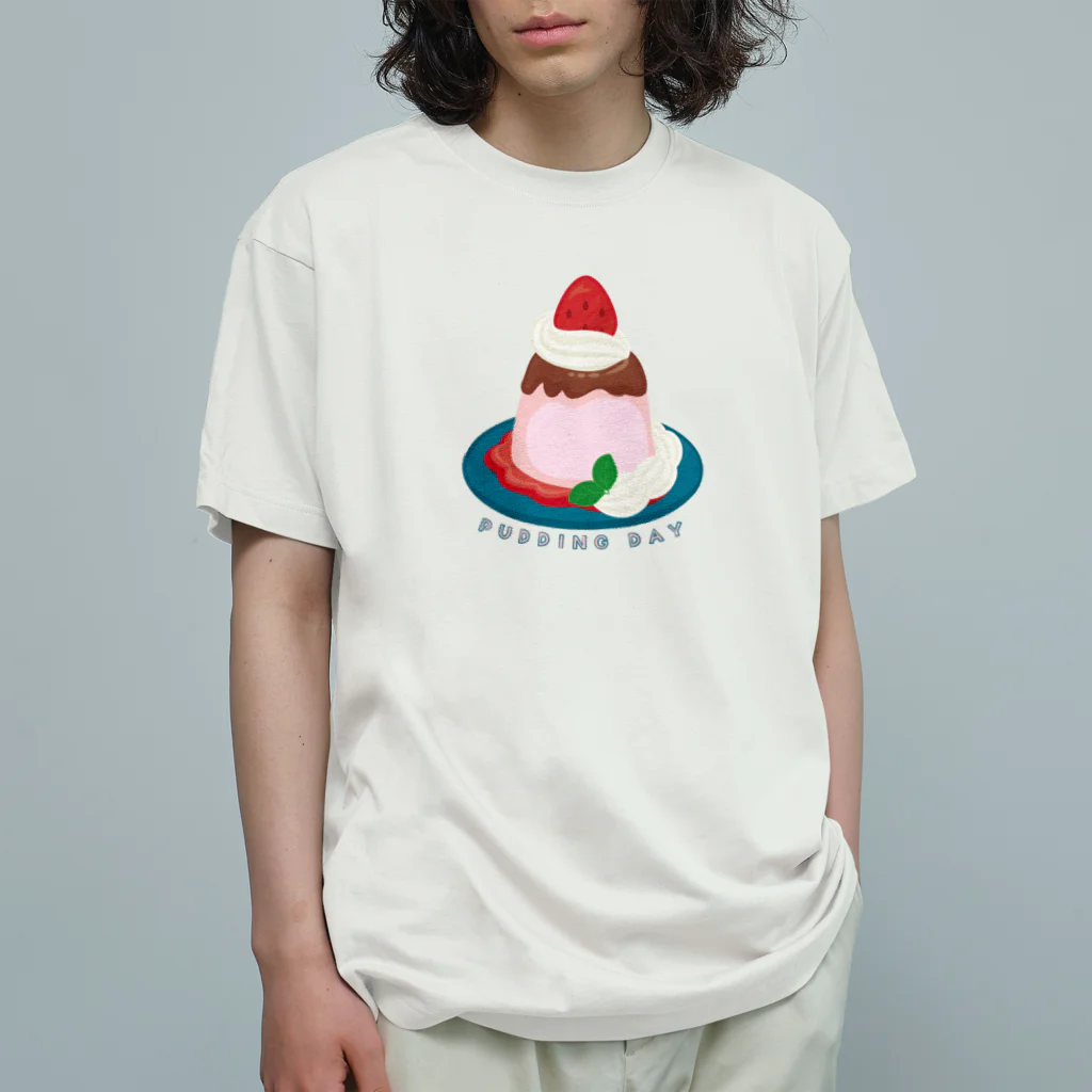 イラスト MONYAAT の毎月25日はプリンの日のプリン　イチゴプリン オーガニックコットンTシャツ