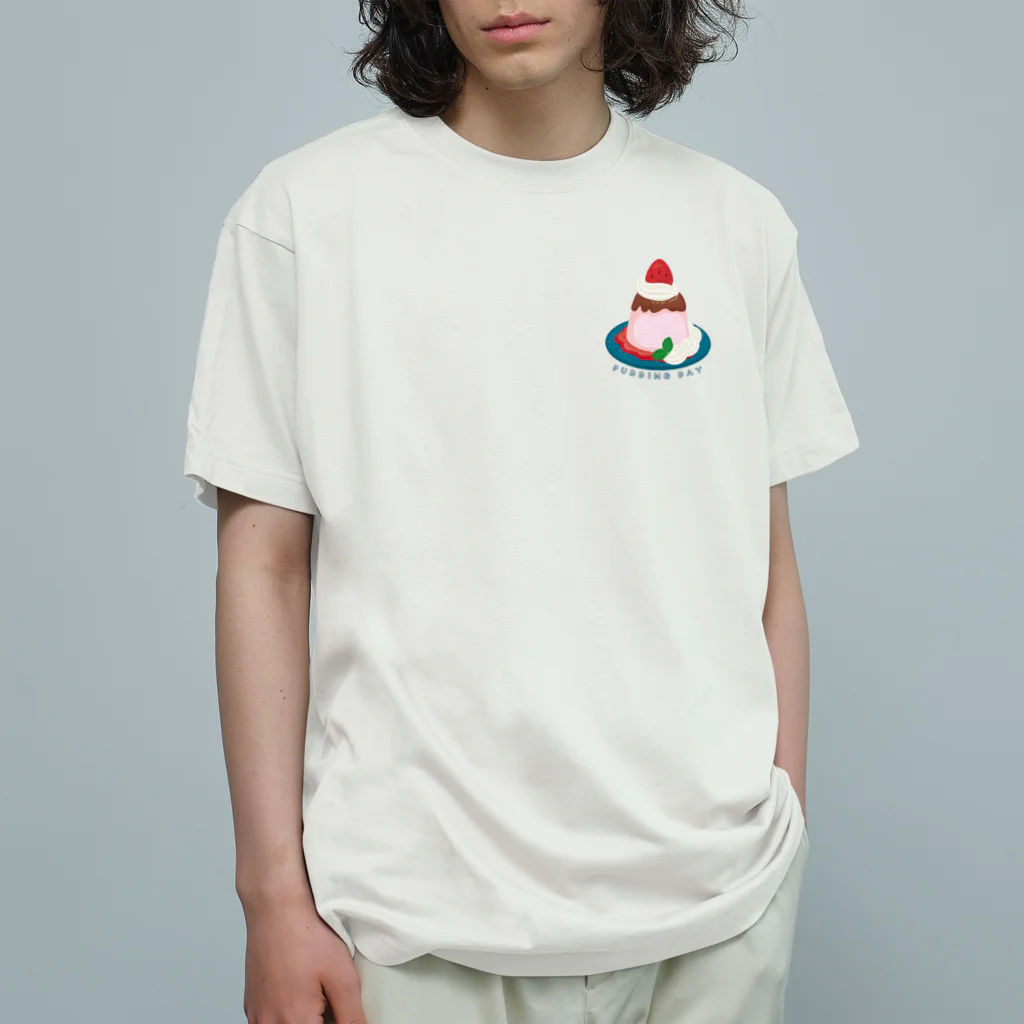 イラスト MONYAAT のワンポイント 毎月25日はプリンの日のプリン　イチゴプリン オーガニックコットンTシャツ