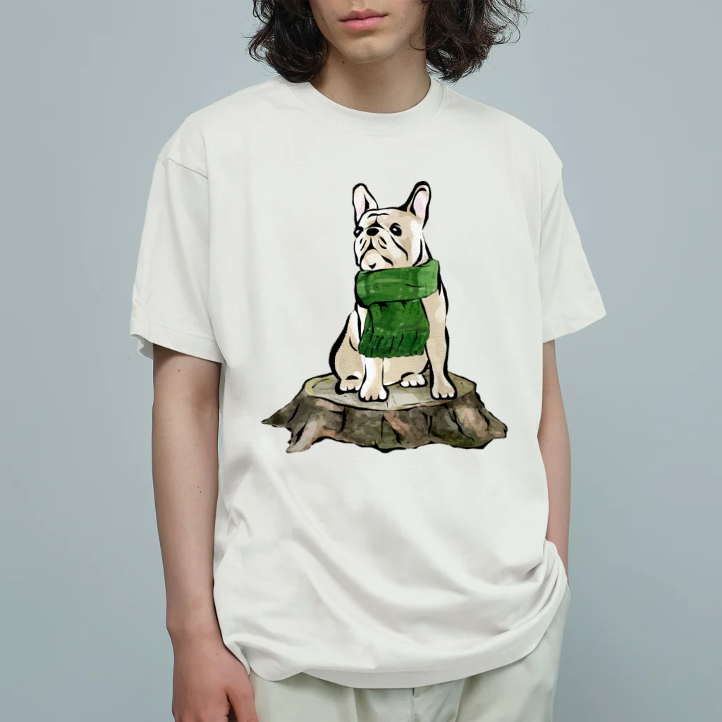 犬グッズの店しえるぶるーのマフラーを着けたフレンチブルドッグ　クリーム オーガニックコットンTシャツ