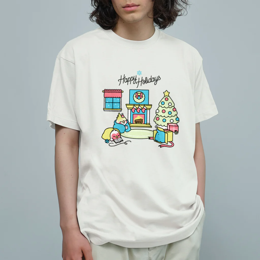 Cody the LovebirdのHappy Holidays コザクラインコ　オカメインコ Chubby Bird オーガニックコットンTシャツ