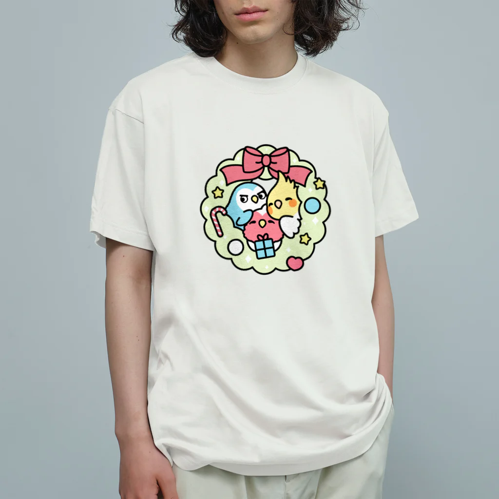 Cody the Lovebirdのクリスマスリース コザクラインコ、オカメインコ Chubby Bird オーガニックコットンTシャツ