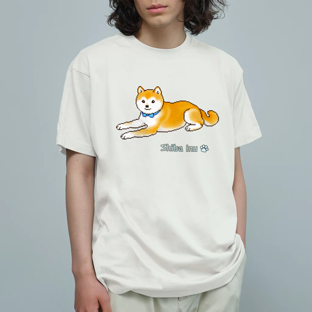 Shiba Inu Streetの水色の首輪をつけてゆったり座る柴犬のドット絵 Organic Cotton T-Shirt