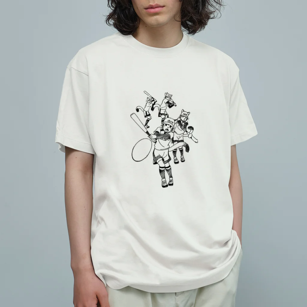 空想画学販売所の猫のソフトボールプレイヤー　ヒット！ オーガニックコットンTシャツ