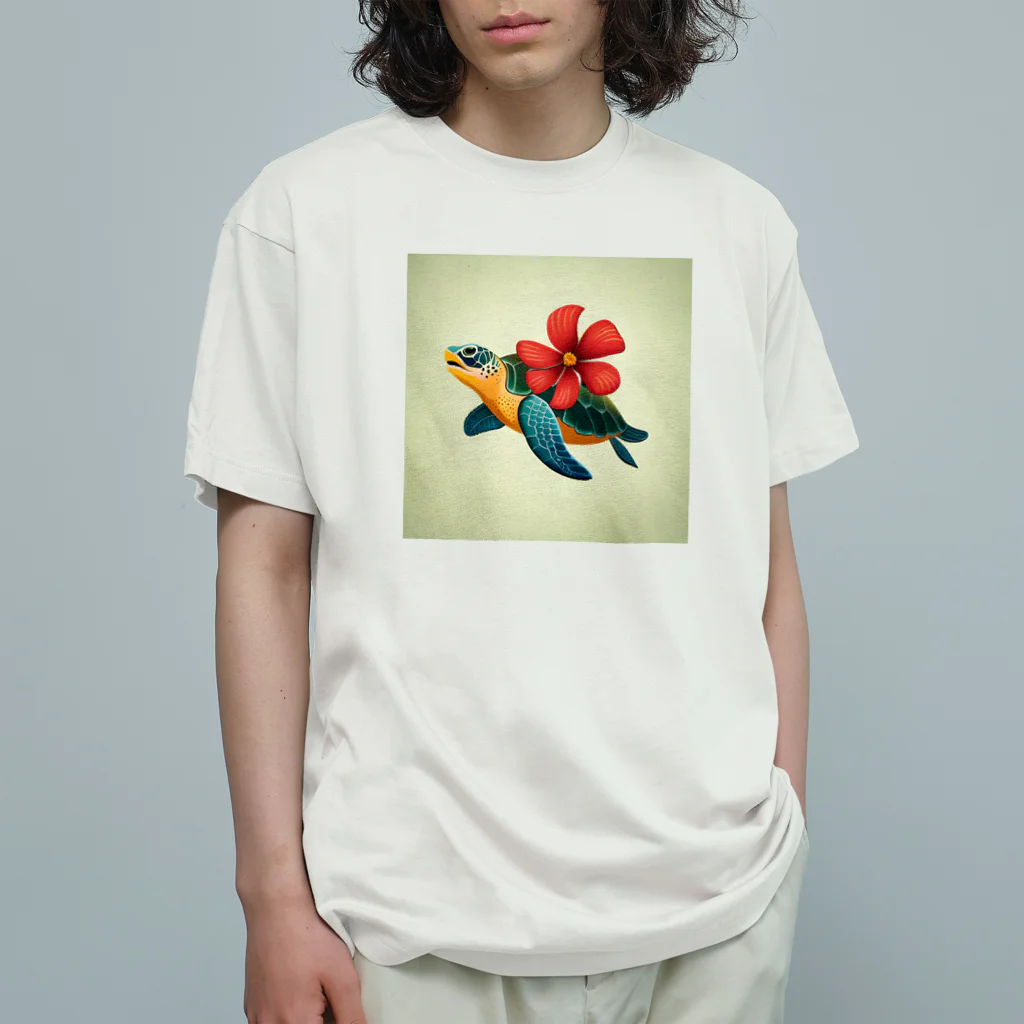 青空クリエイトのウミガメとハイビスカス Organic Cotton T-Shirt