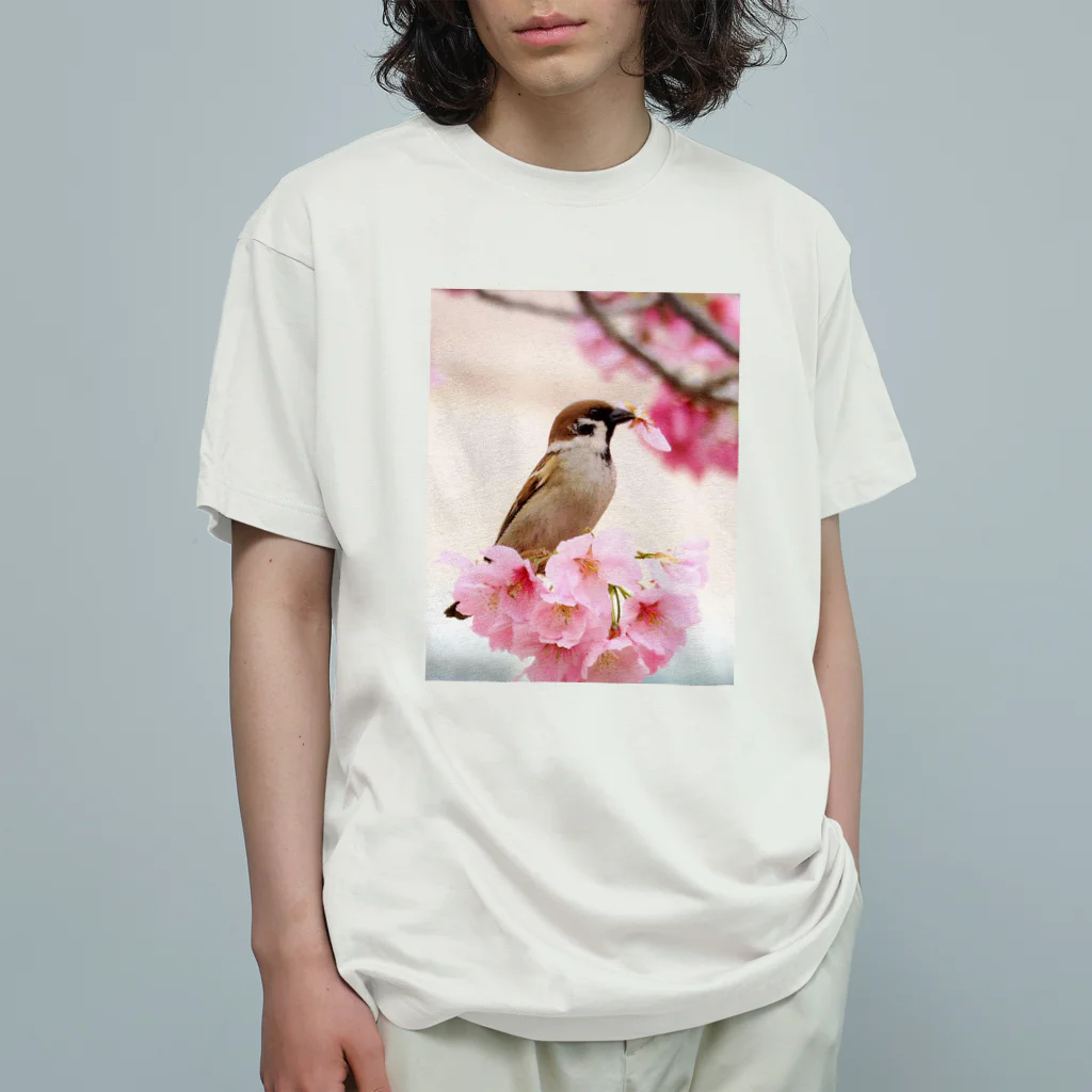 Toritorizmの桜スズメ オーガニックコットンTシャツ