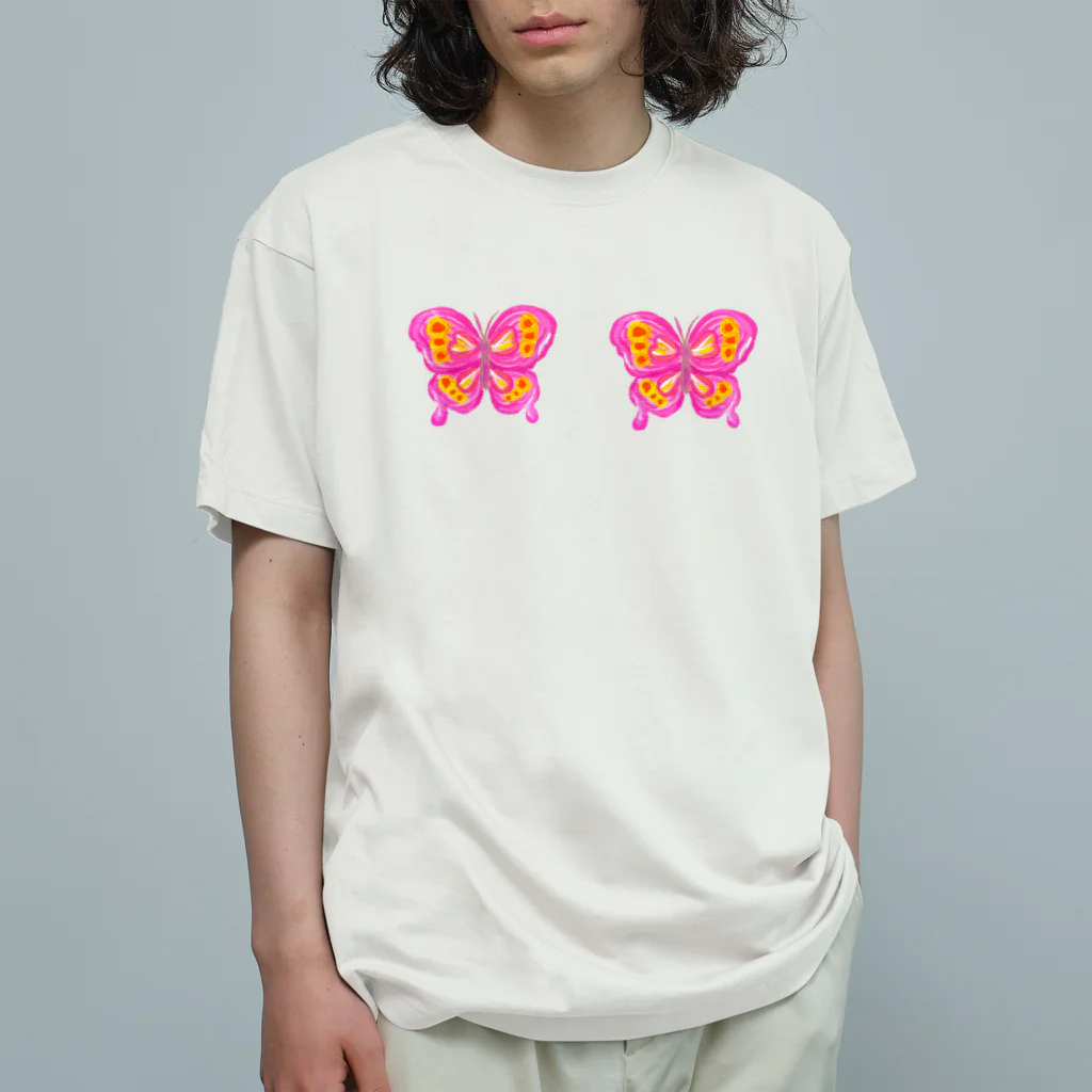 34illustrationのピンクの蝶々bra オーガニックコットンTシャツ