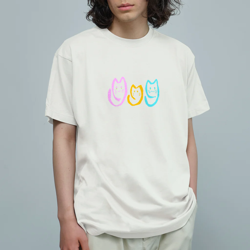 ざわざわするみつばのゆる線三色にゃんこ オーガニックコットンTシャツ