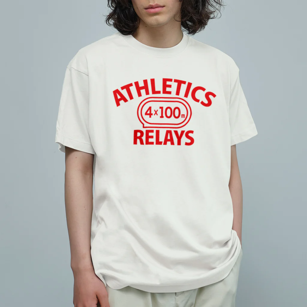 sports_tower スポーツタワーの4×100mリレー・リレー競走・赤・陸上競技・400メートルリレー走・デザイン・Tシャツ・陸上部・男子・女子・ジュニア・入賞・有力・確実・候補・有望・応援・精神力・集中力・日本人・陸上魂 Organic Cotton T-Shirt