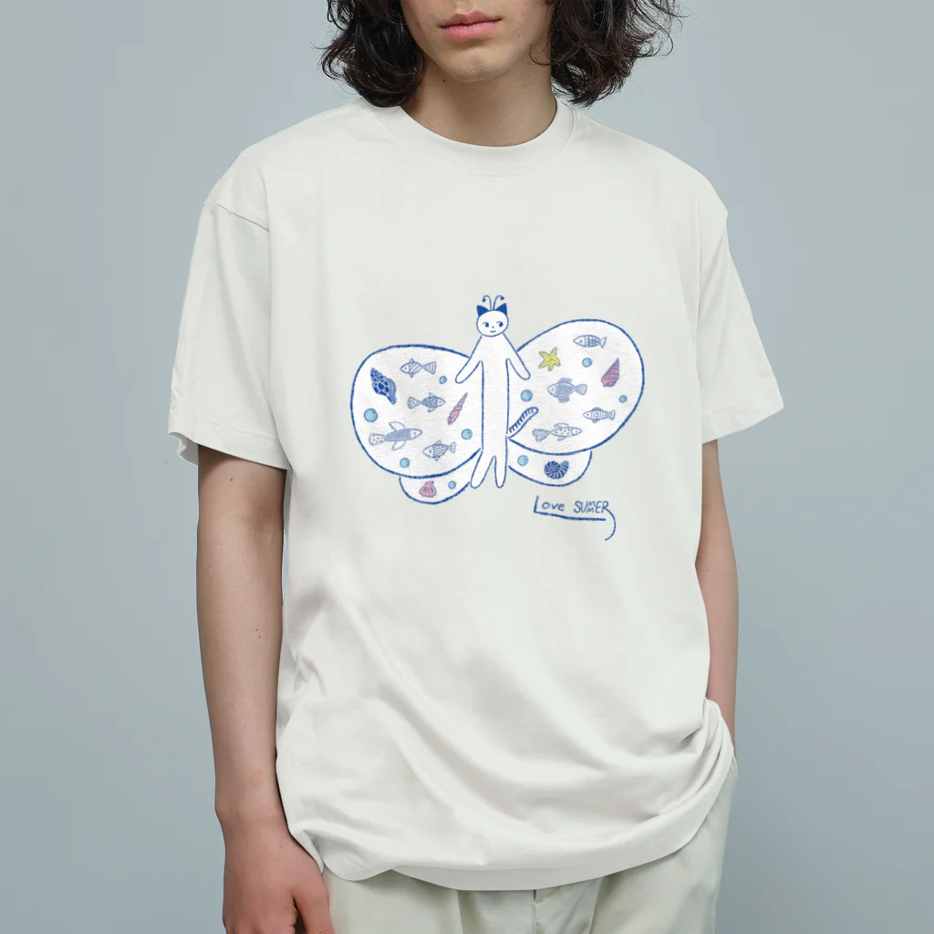 Futakawa Mayuのグッズショップのちょうちょ　ねこ　ブルー オーガニックコットンTシャツ