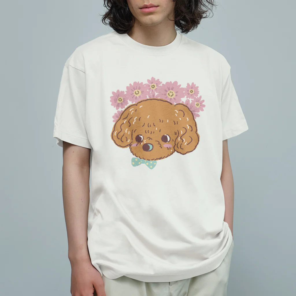 猫のきぬくんのお店のトイプーとピンクのガーベラ オーガニックコットンTシャツ