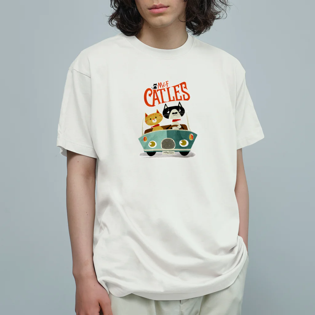 CATLESのネコ好き 猫柄 CATLES CAR DRIVE ハチワレ猫とキジトラ猫のドライブ オーガニックコットンTシャツ