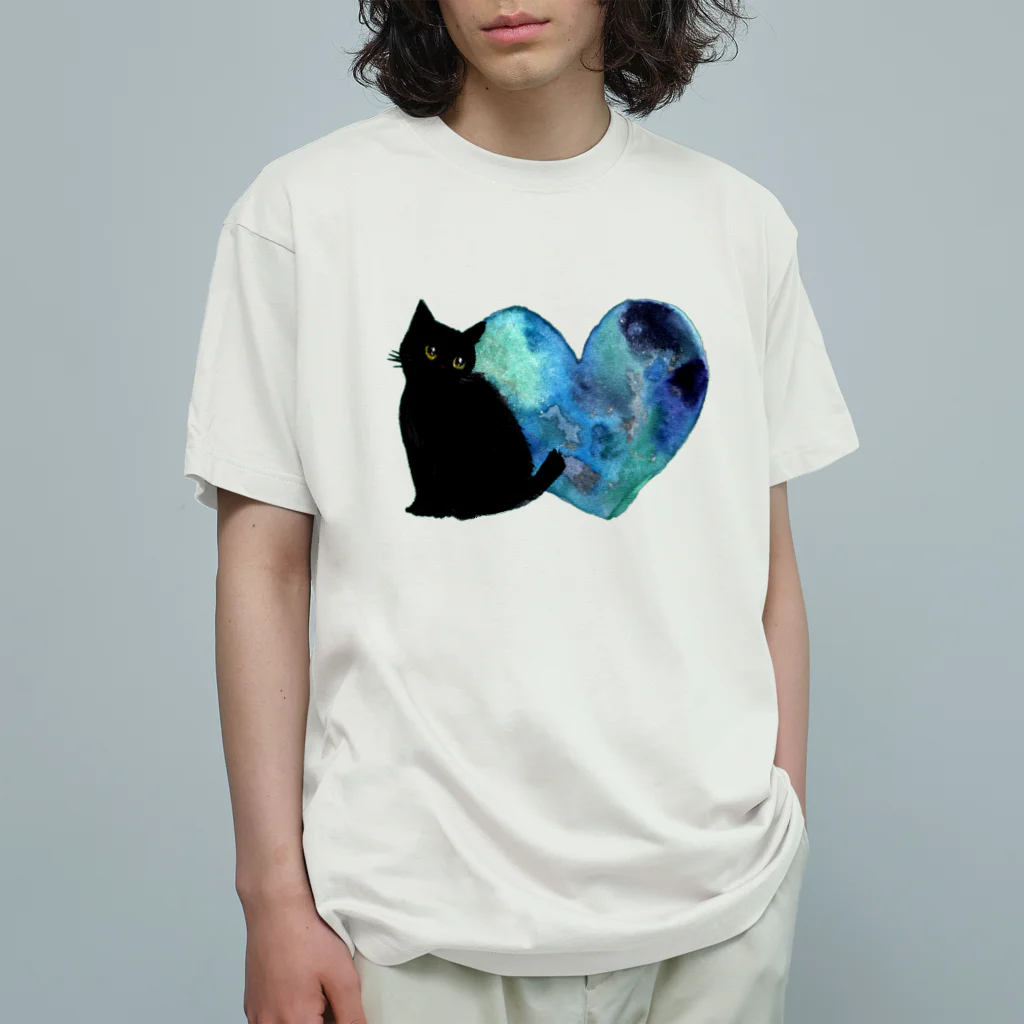 WAMI ARTの青いハートと黒猫ちゃん オーガニックコットンTシャツ