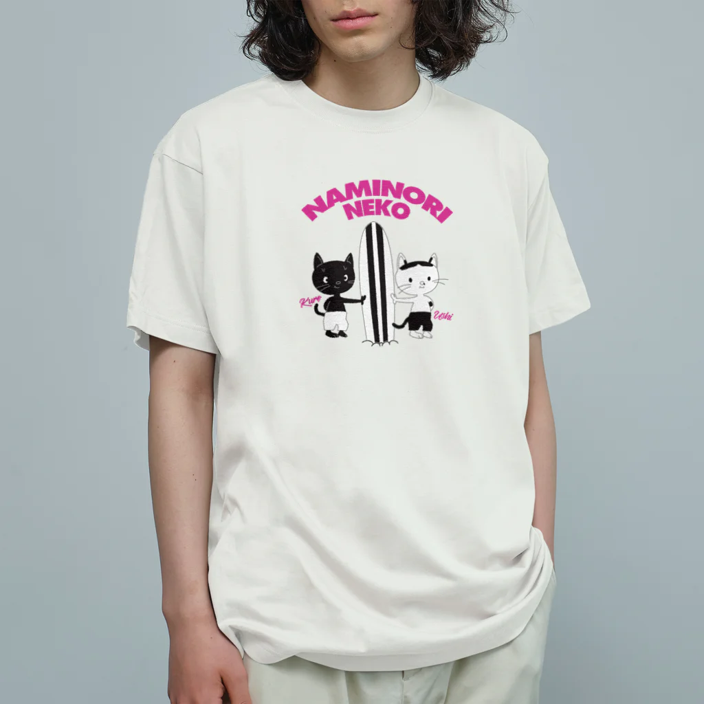 CATLESのCATLES NAMINORI NEKO 波乗り猫（ピンク文字） オーガニックコットンTシャツ