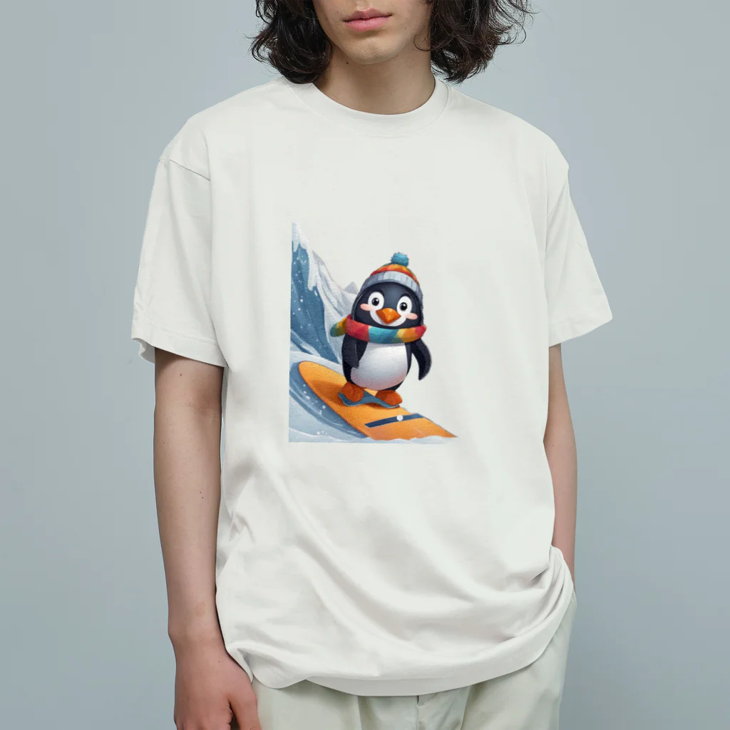 Gloriousのペンギンの冒険スノーボードパーティ オーガニックコットンTシャツ