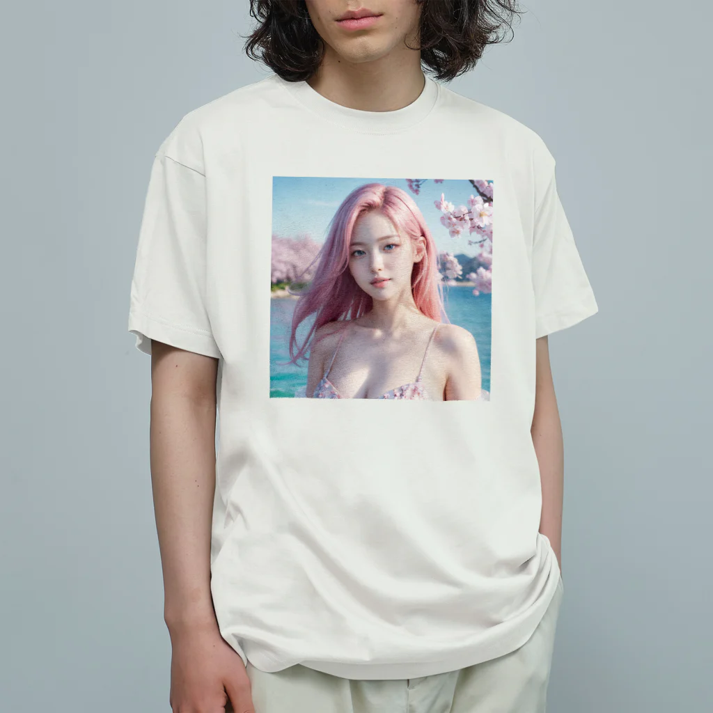 AI goddessの桜と川と青空と、ピンクの髪の女の子 Organic Cotton T-Shirt