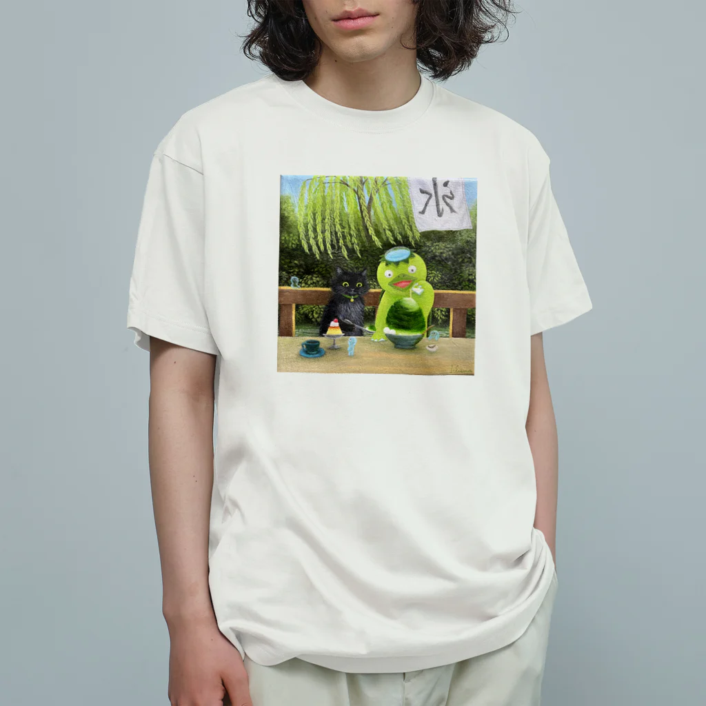 nono marchéの河童のカッちゃんと黒猫ロイ　夏のお楽しみ 油絵 手描き Organic Cotton T-Shirt