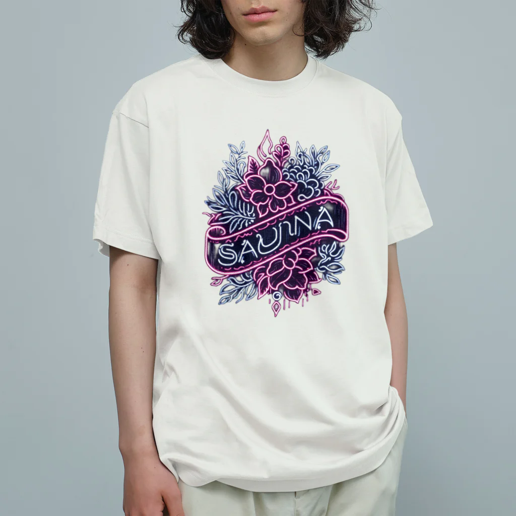 N SAUNA LOGOのネオン風花柄サウナロゴ11　花柄ver.4 オーガニックコットンTシャツ