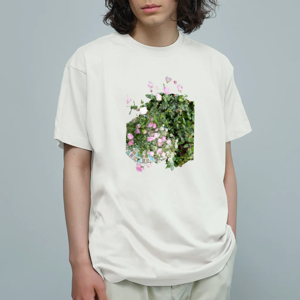 bitpiyoのピンクと白のお花 オーガニックコットンTシャツ