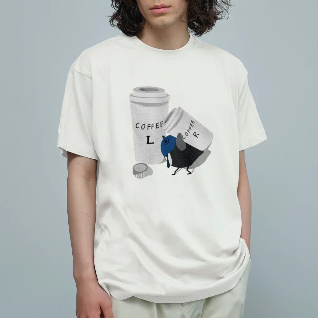 monomawaruのコンビニのコーヒーとルリビタキ オーガニックコットンTシャツ