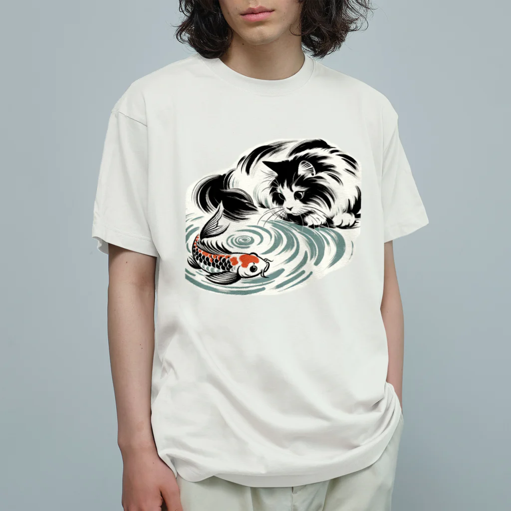 MakotOの猫と鯉（水墨画風） オーガニックコットンTシャツ