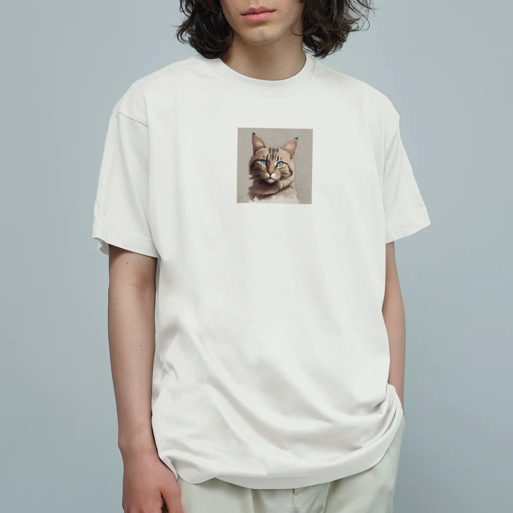 うねうねキャッチのエレガントなネコ オーガニックコットンTシャツ