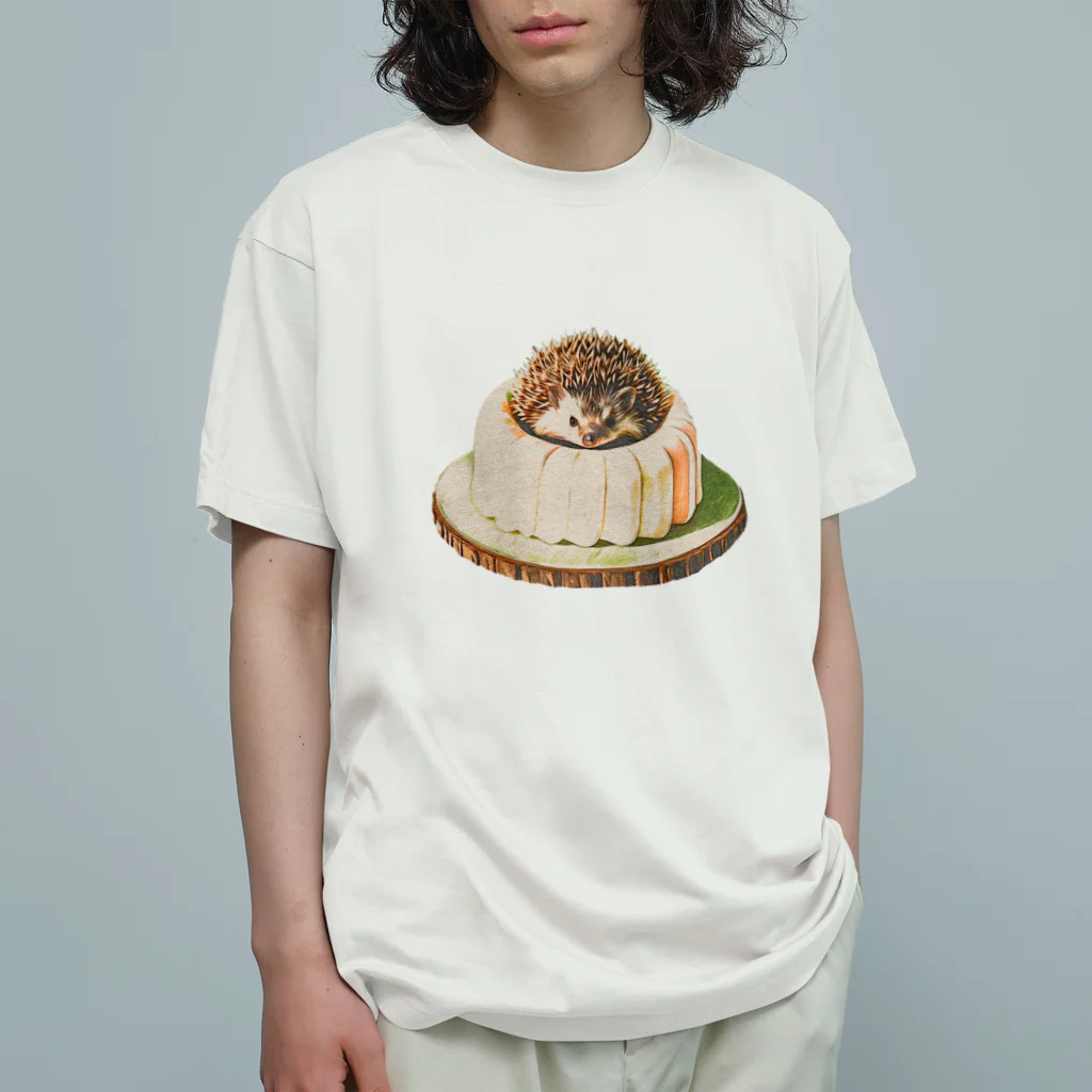 姫とすずり。のケーキ乗りハリネズミ オーガニックコットンTシャツ