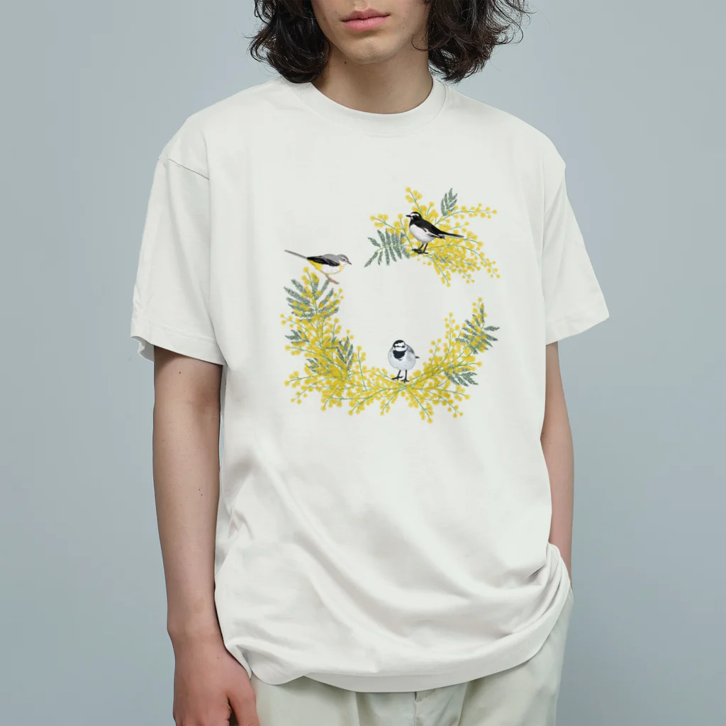 やちよ｜リアル鳥イラストの鶺鴒さんとミモザのリース（枝なし） Organic Cotton T-Shirt