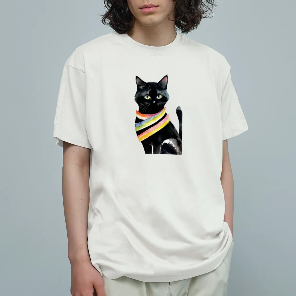 幸運のしっぽの黒猫と虹の首輪 オーガニックコットンTシャツ