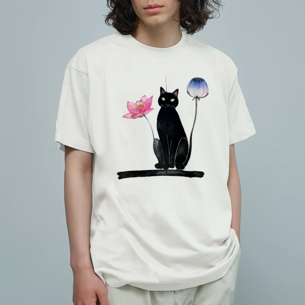 幸運のしっぽの黒猫と花 オーガニックコットンTシャツ