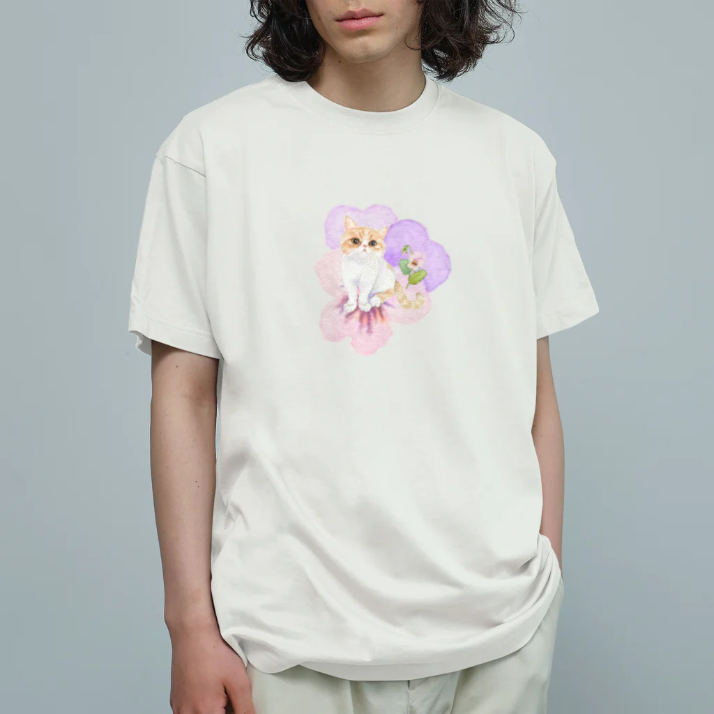 猫が好きすぎる絵描き　キジシマ ミキのエキゾチックショートヘアちゃんとビオラ Organic Cotton T-Shirt