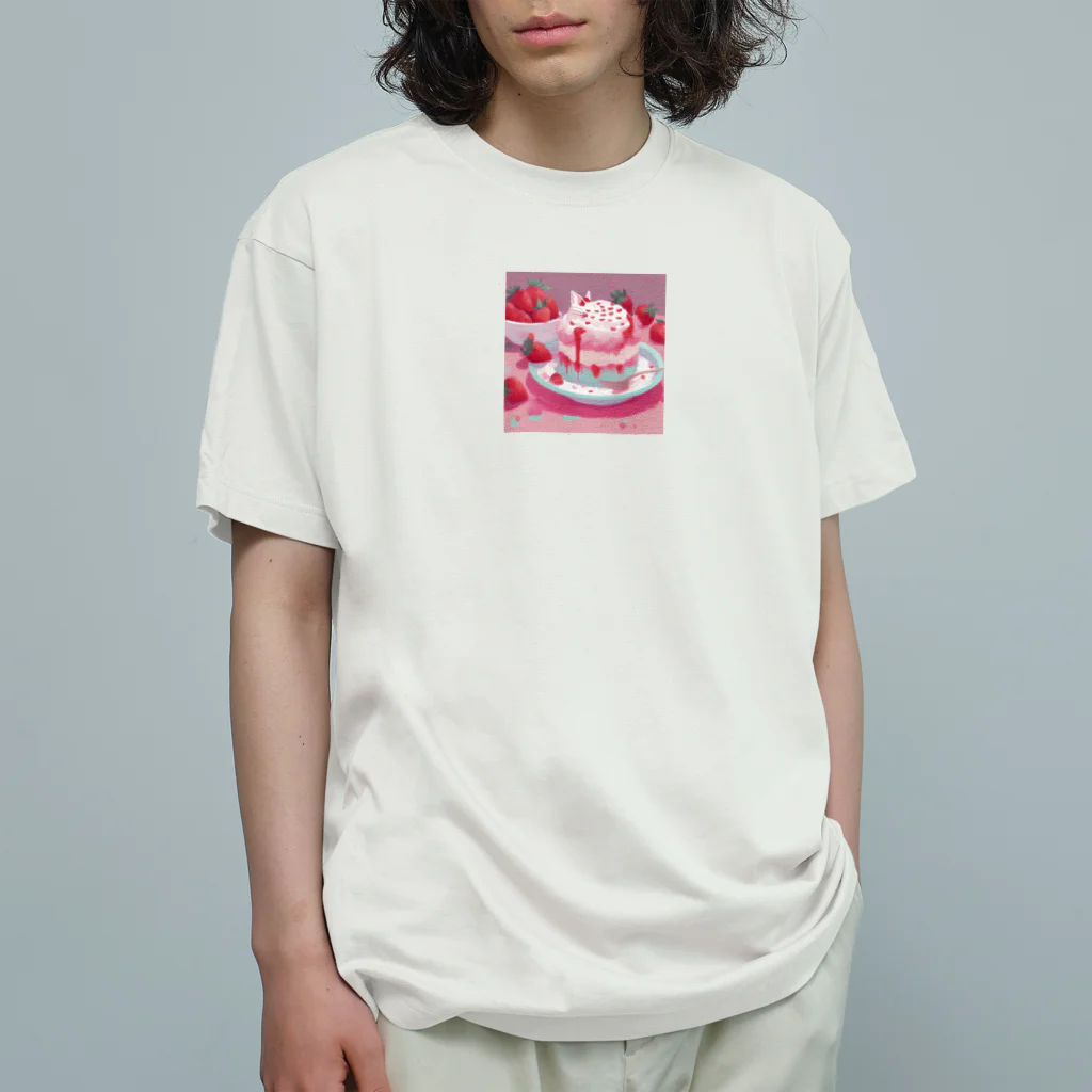 uchakyumaのいちごケーキにネコ オーガニックコットンTシャツ