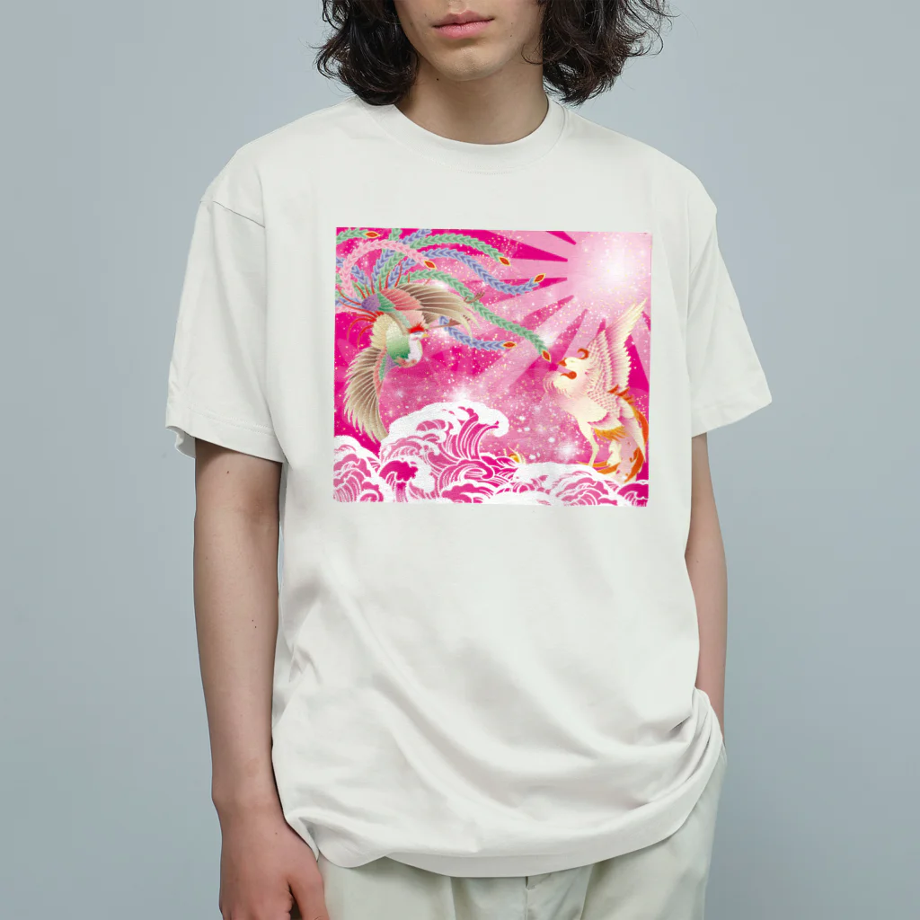 大漁旗　和柄のshopのピンク鳳凰　波　和柄 Organic Cotton T-Shirt