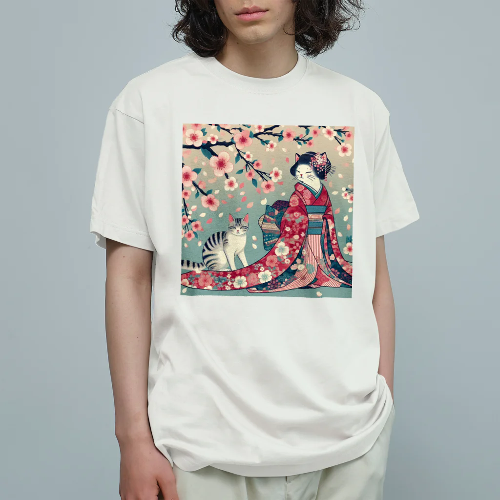 ParadigmStar　パラダイムスターの和風cat 見返り桜 Organic Cotton T-Shirt