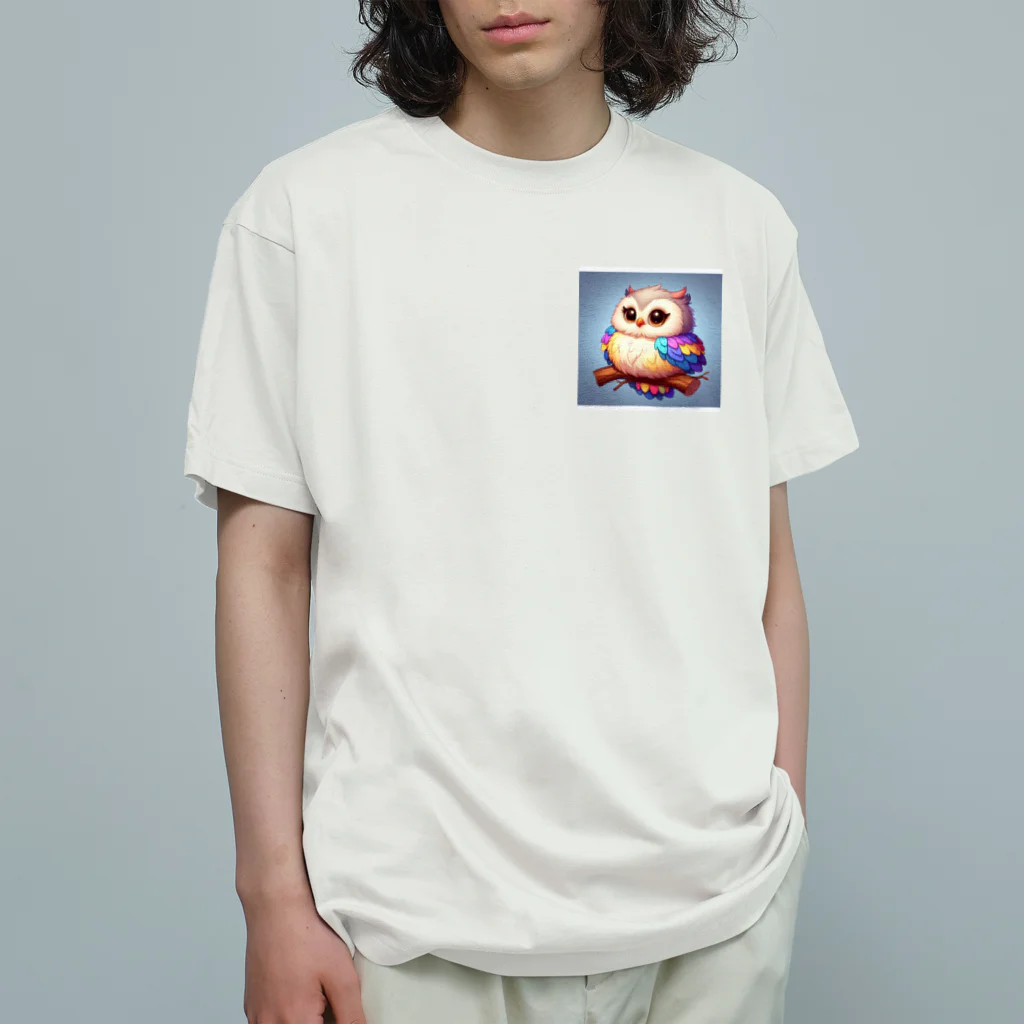 mame1103の虹色幸ふくろう オーガニックコットンTシャツ