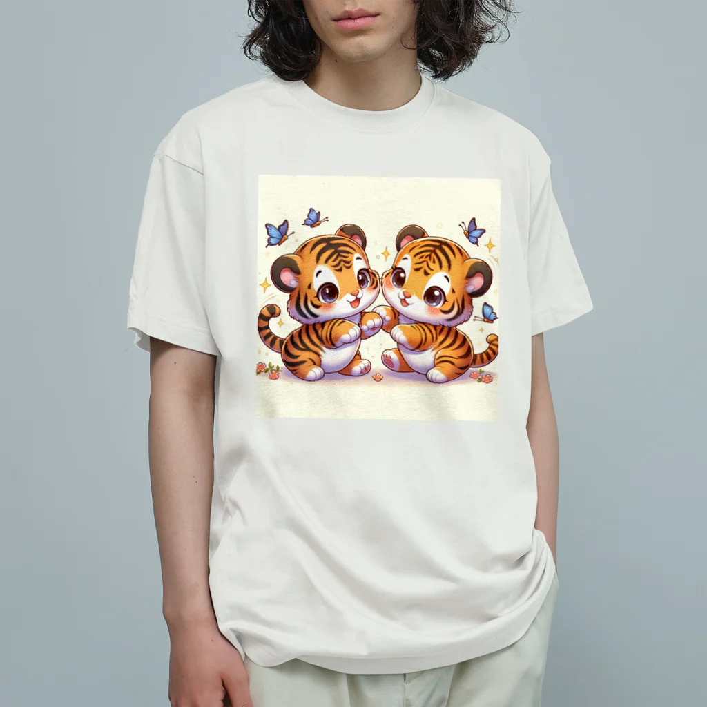 美女 アニメ 風景 おすすめのじゃれあうトラさん オーガニックコットンTシャツ