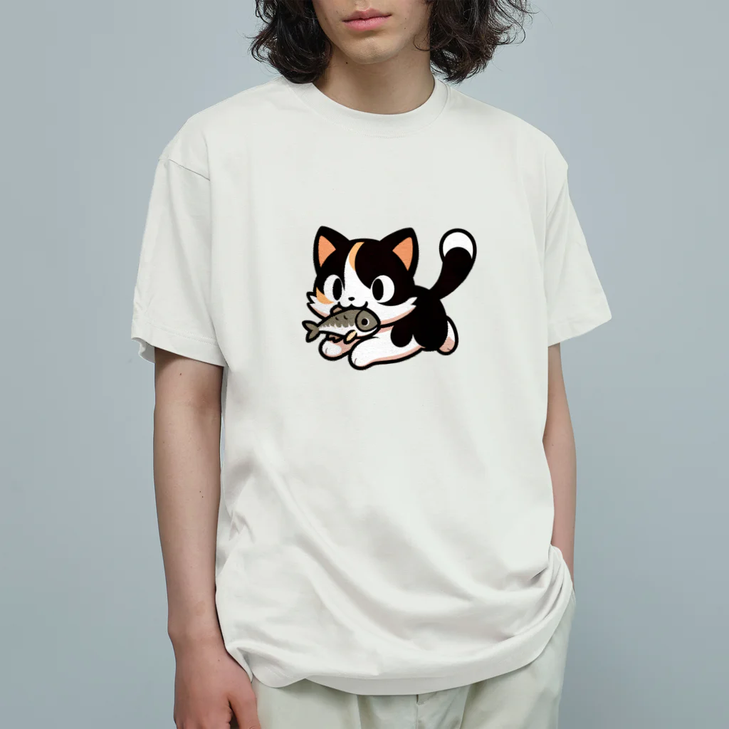 NyanClosetのお魚くわえて走る猫です。 オーガニックコットンTシャツ