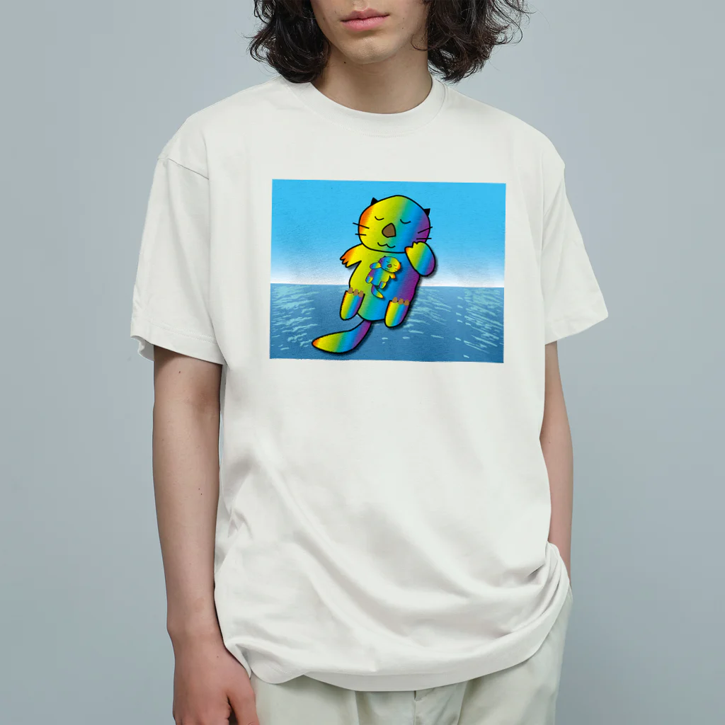 Drecome_Designの【レインボーカラー】おねんね海獺(ラッコ)親子 Organic Cotton T-Shirt