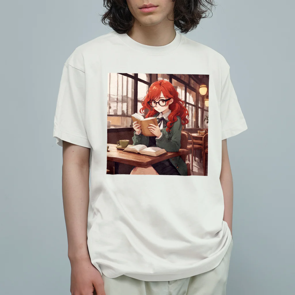 プリンゴブリンの赤毛の読書メガネさん オーガニックコットンTシャツ