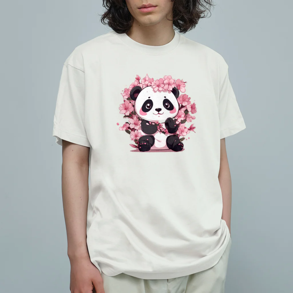 waterpandaの満開桜とパンダ オーガニックコットンTシャツ